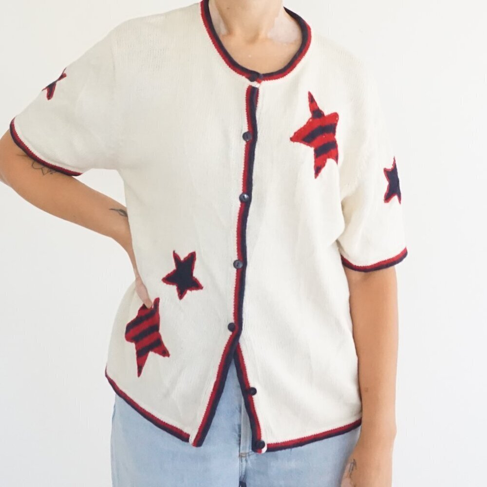 Vintage Christopher Banks Cream Star Knit Cotton Patriotic Americana Cardigan L